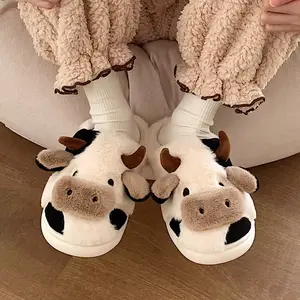 Cute Cow House Slippers for Couple, Kawaii Fuzzy Cozy Funny House Shoes, Cartoon Animal Design Plush Fluffy Slippers for Women & Men, Silent Anti-slip Slippers, Matching Trendy Warm Slippers