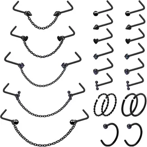 20G Nose Ring Piercing Chain Stainless Steel Across Nostril Jewelry With CZ Hoop Bone Screw L Shaped Stud for Women Men High Bridge Jewelry