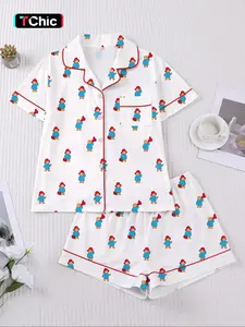 Women's Bear Print Pajamas, Sleepwear Set for Spring & Summer, Casual Fitted Shirt & Elastic Shorts, Valentine's Day Gift, Home Wear