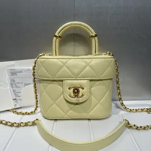 Pre-owned CHANEL Leather Mini Bags Lambskin Handle Crush Small Vanity Case With Chain Jaune Clair