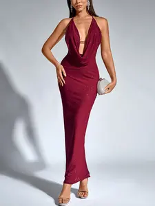 Elegant Backless Boat-neckline Halter Strap Slit Maxi Dress for Special Occasions and Evening Events