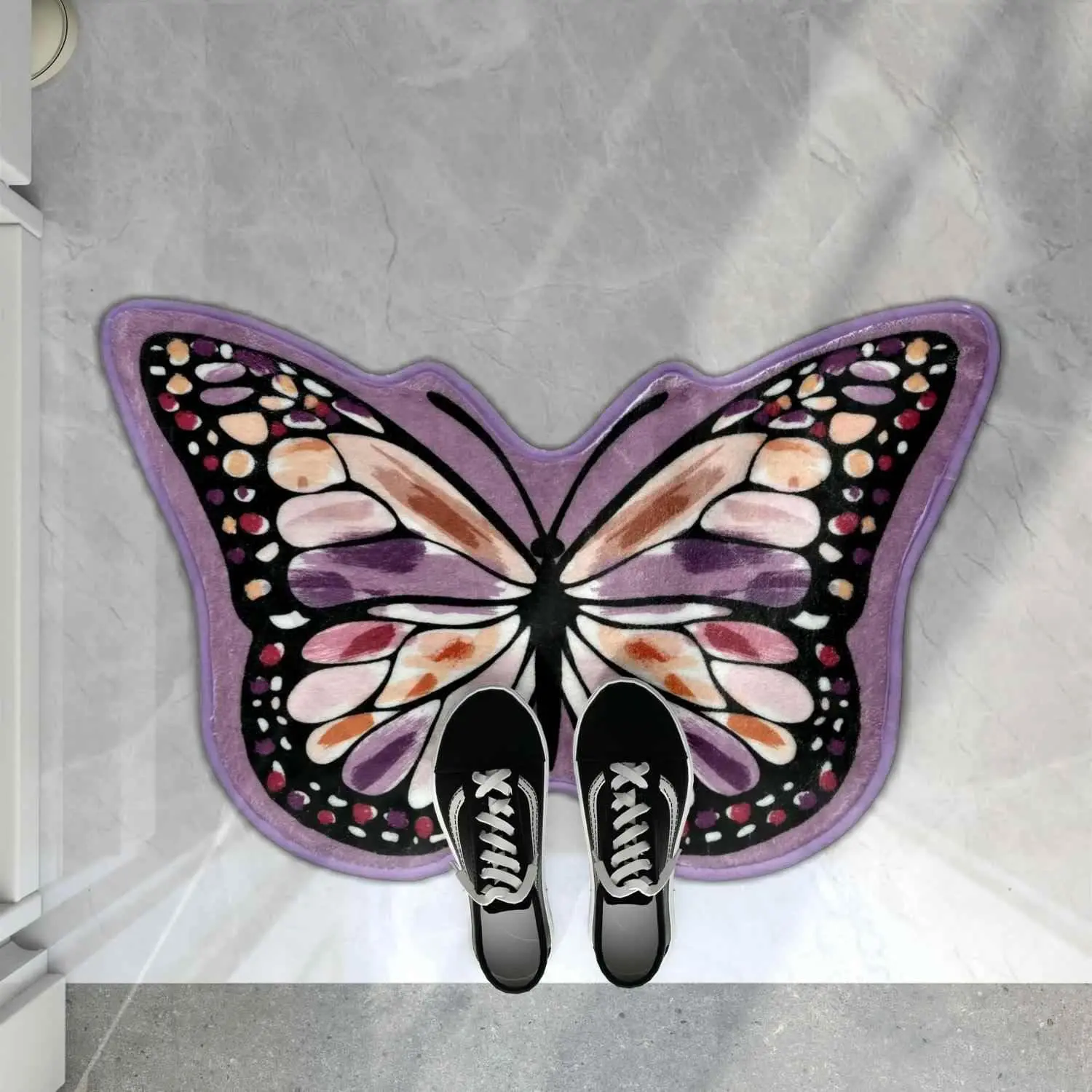 Butterfly Shaped Area Rug, Soft and Fluffy Faux Wool Mat, Thin Doormat Not Bulky, Non Slip TPR Backing Foot Pad, Dry Feet Warmth Carpet for Inside Home Under Table By Bed, 29.5 x 19.2 inches, Purple