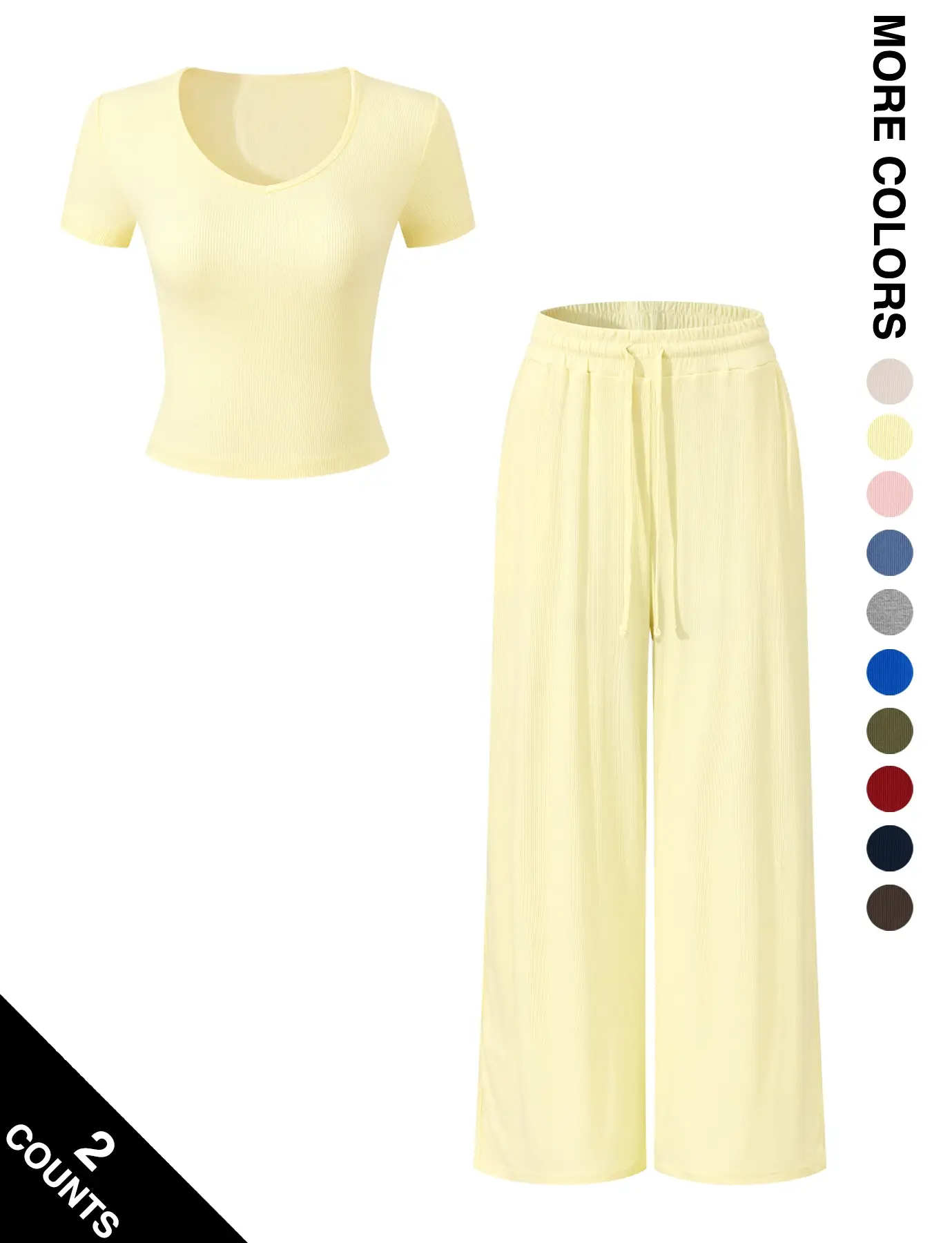 Two-Piece Set Women's Solid Ribbed Crop Tee & Wide Leg Pants Set, Casual Comfy Short Sleeve Top & Trousers for Daily Wear, Ladies Two-piece for Summer