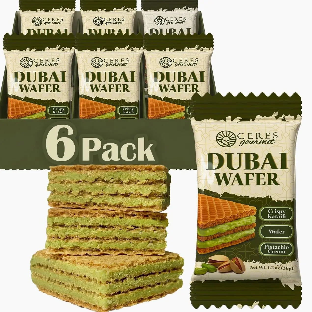 Ceres Gourmet Dubai Pistachio Wafer, 6 Pcs Crispy Kunafa Pistachio Wafer in Individually Pack – Gourmet Dubai Wafers for Christmas, Thanksgiving, and All Special Occasions