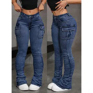 Dark Blue Tight Side Pleated Stretch Pants Jeans Womenswear Bottom Elastic Medium