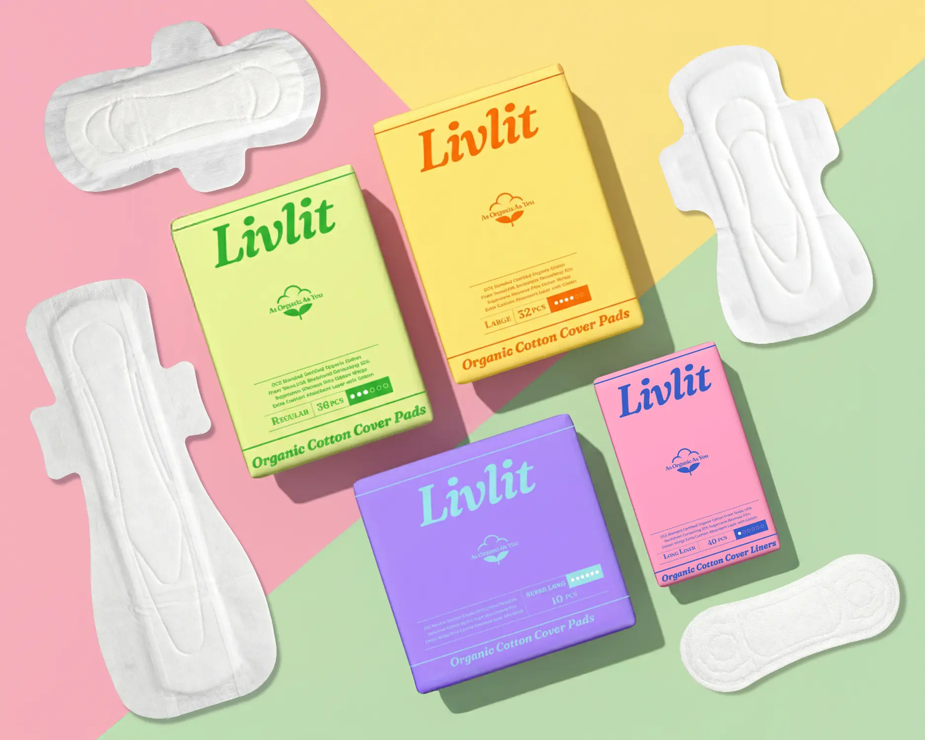 (NEW) LIVLIT Organic Cotton Menstrual Pads Variety Pack: Liner, Regular, Large, Super Long