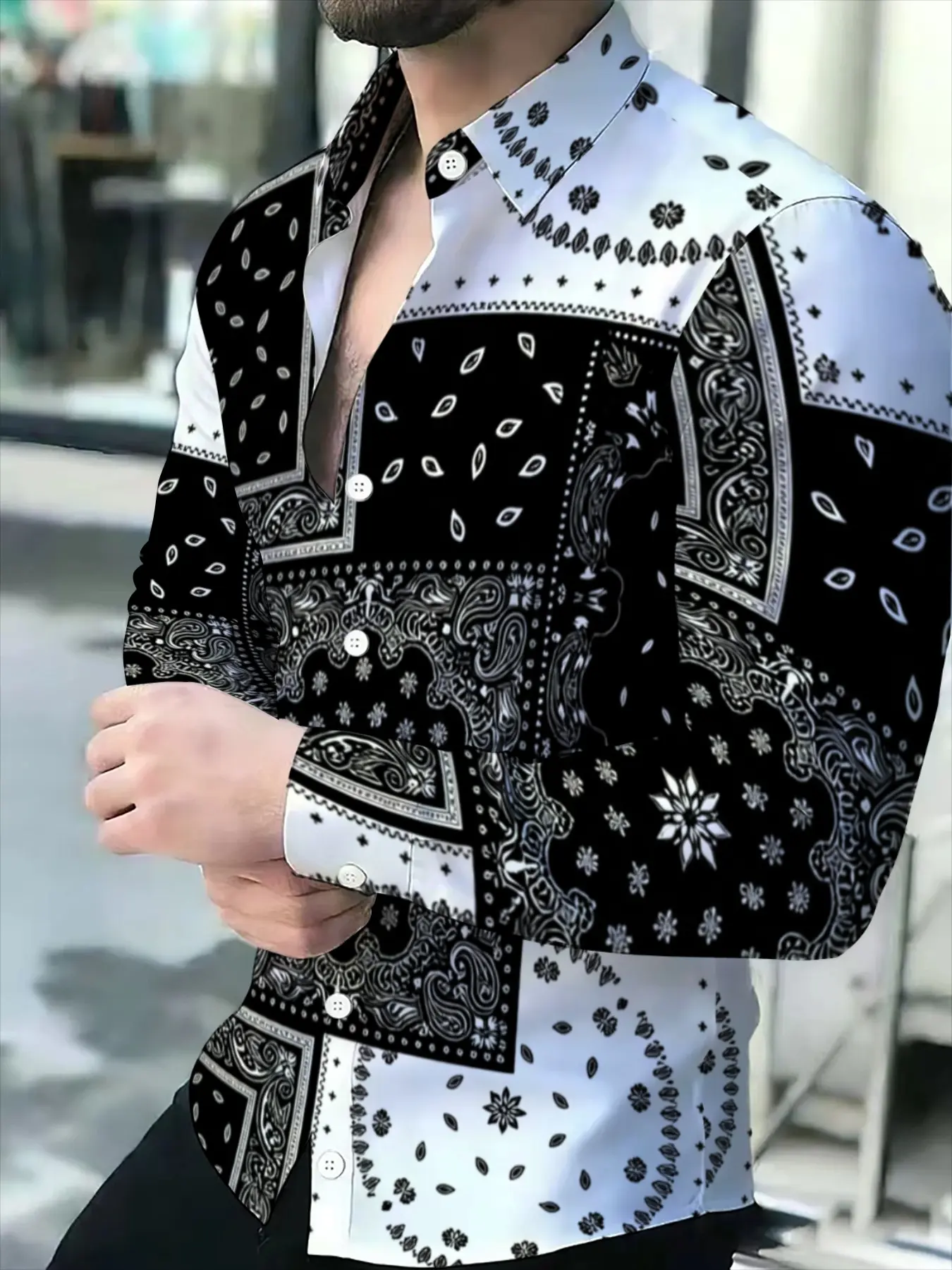 Men's Long Sleeve Button Up Shirt Casual Collared Shirt Novelty Paisley Print Pattern Black and White Bandana Patchwork Button Front Shirt Casual Button Shirts