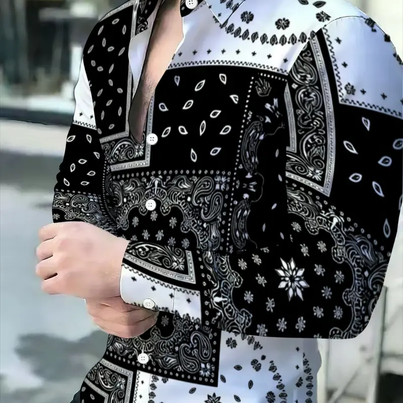 Men's Long Sleeve Button Up Shirt Casual Collared Shirt Casual Unique Design Novelty Paisley Print Pattern Black and White Bandana Patchwork Button Front Shirt