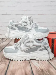 Men's Fashionable Colorblock Lace Up Low Top Sneakers, Casual Comfortable Sports Running Shoes, Trendy All-match Chunky Sneakers for Daily Wear, Platform Running Shoes, Closed