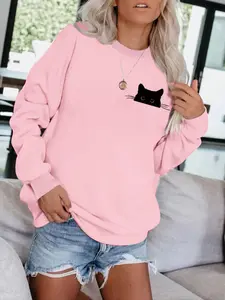 Women's Casual Cat Print Pullover Sweater, Soft Long Sleeve Round Neck Sweatshirt, Comfortable Daily Wear