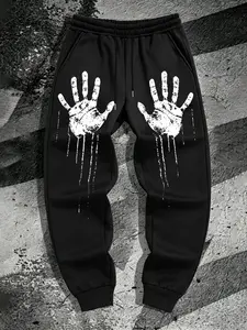 Men's Gothic Print Sport Pants, Street Style Cuffed Jeans, Loose Fit for Daily Wear & Sports, All-Season Comfortable Clothing