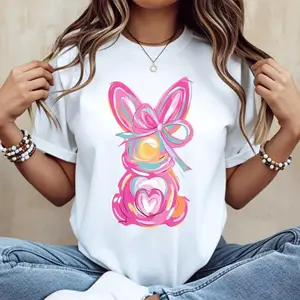 Casual Women s Round Neck Short Sleeve T Shirt Featuring Easter Bunny With Pink Bow and Colorful Swirls Print for Spring Festival and Holiday Wear
