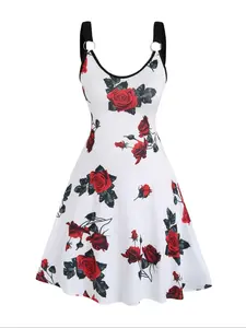 【Plus Size】 Floral Print Ring Linked Tank Dress, All Over Print Sleeveless A Line Dress for Summer, Women's Plus Clothing for Beach Holiday, Casual Dresses