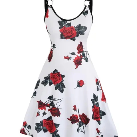 [Plus Size] Floral Print Ring Linked Tank Dress, All Over Print Casual Boho Pattern Sleeveless A Line Dress for Summer, Women's Plus Clothing for Beach Holiday, Casual Dresses, Boho Printed Dress