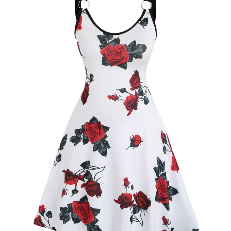[Plus Size] Floral Print Ring Linked Tank Dress, All Over Print Casual Boho Pattern Sleeveless A Line Dress for Summer, Women's Plus Clothing for Beach Holiday, Casual Dresses, Boho Printed Dress