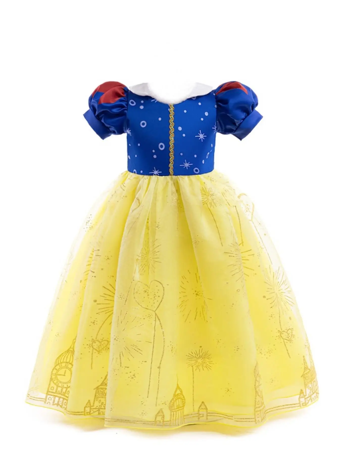 Toddler Girl's Cartoon Print Contrast Mesh Puff Sleeve Dress, Elegant Short Sleeve Round Neck Fit & Flare Dress for Party, Kids Clothes for All Season