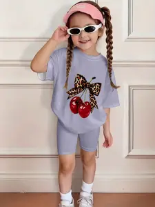 Girls' Light Solid Color Set, Basic Versatile Comfortable Casual Wear, Short Sleeve Crop Top and Shorts, All over Print Design, Summer Outfits Set