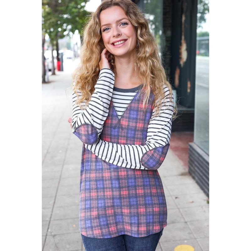 Feeling Playful Plaid/Stripe Outseam Stitch Elbow Patch Pullover