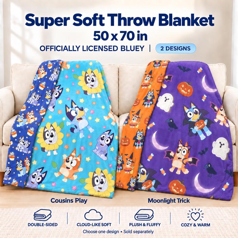 【Black Friday Deal】Northwest X Bluey Super Soft Blanket - 50x70 in, Cousins Play or Moonlight Trick Design, Whimsical Room Decor, Kids' Bedding, Cozy Warm Textile, Blankets for Bed, Bed/Sofa Use