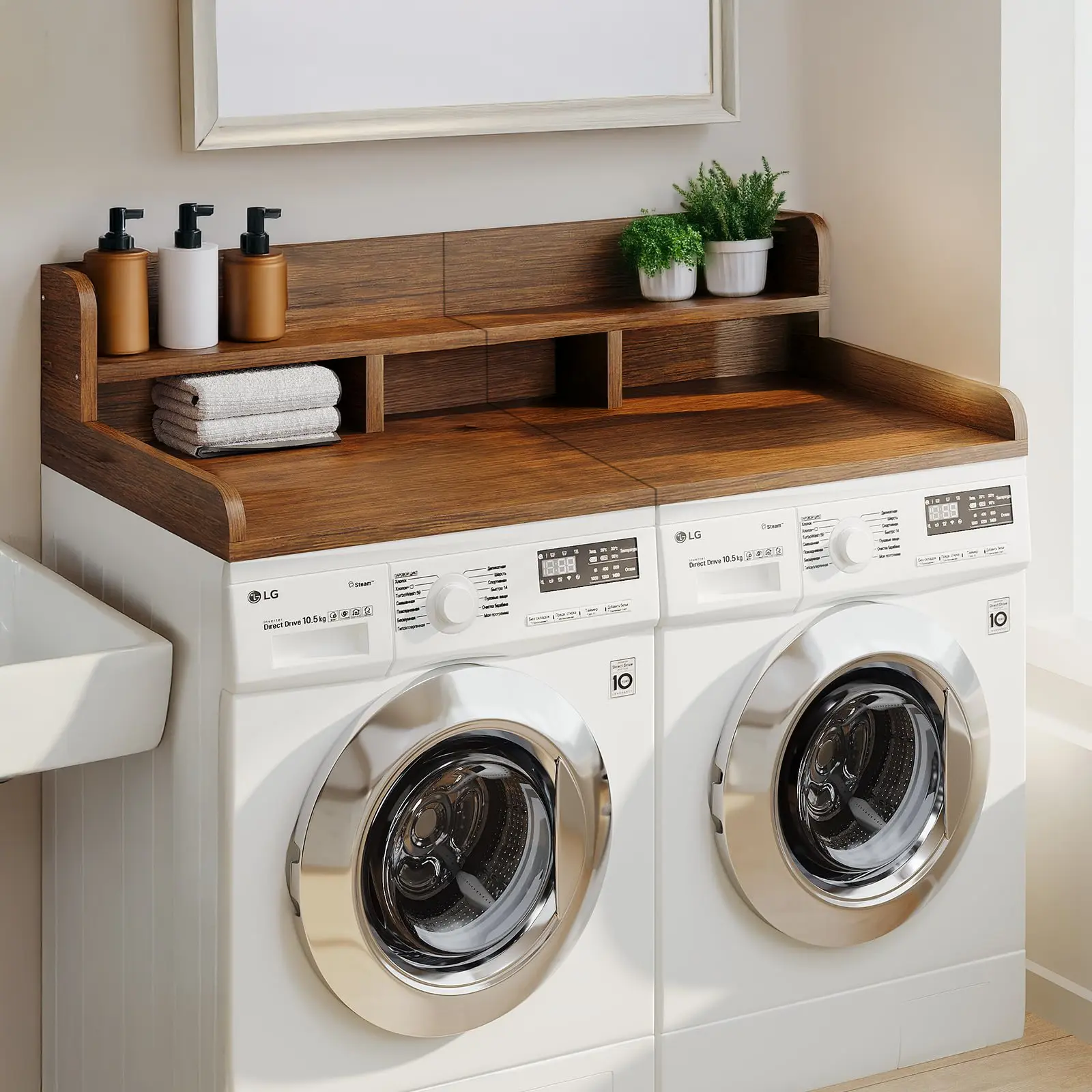 White Double-Layer Washer Dryer Countertop - 54" W x 27.5" D Natural Oak Wood Shelf Topper, Non-Slip Pads, Divider, Edge, Fully Assembled Sandy Brown Laundry Hamper, Natural MDF Waterproof MDF Laundry Organization Solution Ready to Place on Washer/Dryer