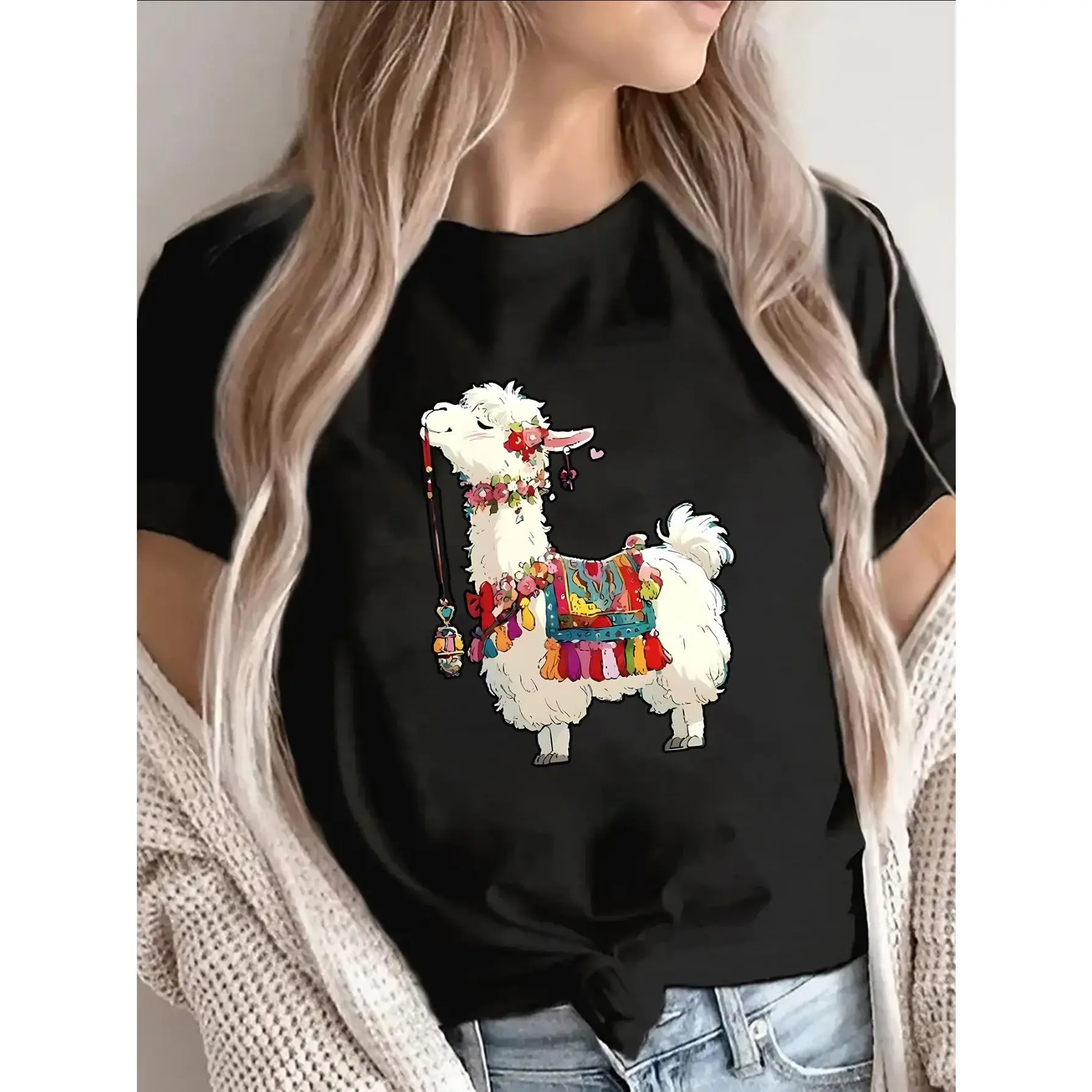 Lightweight And Durable T-Shirt with a Colorful Llama Design, Ideal for Casual Outings at Home, Cafes, Or Outdoor Events, Offering a Vibrant Look And a Comfortable Fit