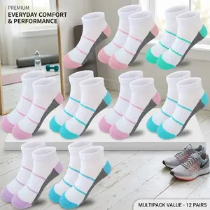 12 Pairs Girls Low Cut Ankle Socks - Half Cushion Athletic Socks for Kids, Breathable Comfortable Everyday Wear, Perfect for School Sports Casual Outfits, Soft Stretchable Fabric, Assorted Colors Pack