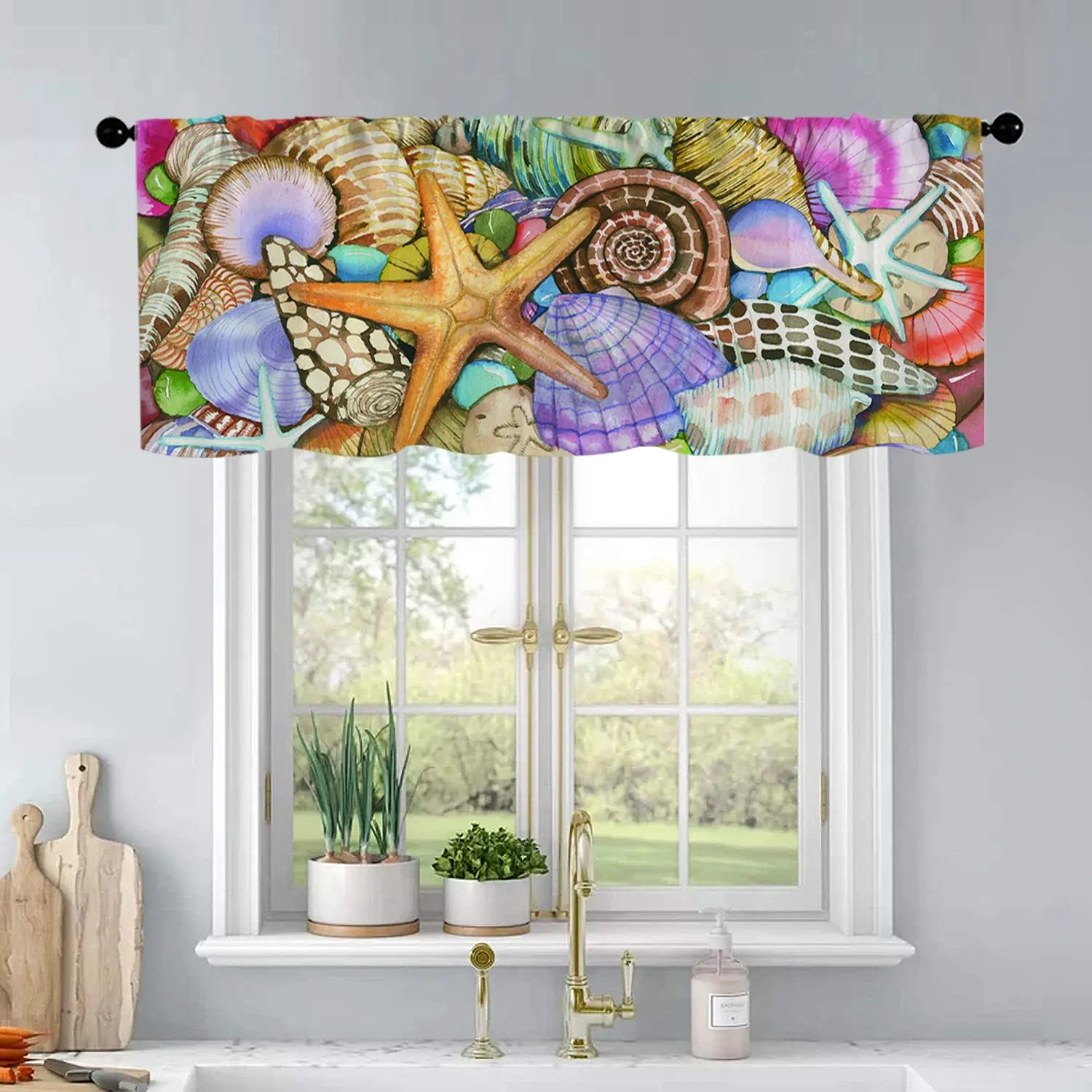 1Pc Sea Star Shell Watercolor Painting printed kitchen curtains living room bedroom bathroom home decoration 54 * 18 inches