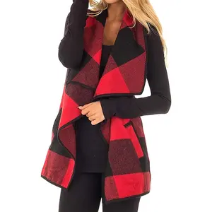 Women Buffalo Plaid Vest Casual Lapel Open Front Sleeveless Cardigan Jacket Coat with Pockets S-3XL
