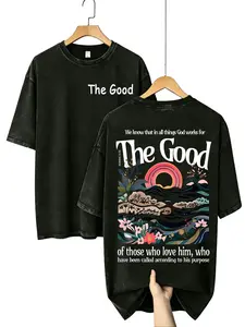 Men's Oversized Washed Shortsleeve Round Neck Christian T-Shirt - Menswear Clothes, Bold Jesus Graphic, Soft Vintage Distressed Cotton Blend, Breathable Minimalist Fabric, Boho Landscape Faith Print, Summer Streetwear Top, Love Gift for Fathers
