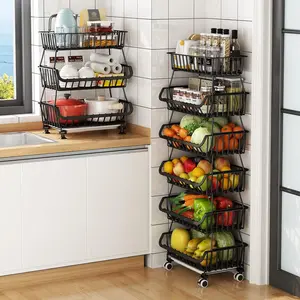 Metal Wire Baskets with Wheels, Stackable Storage Bins Kitchen Organizer Shelf 3-4-5-6 Tier Fruit Vegetable Cart Dishes Seasonal Rack Shelves for Garage, Pantry, Bathroom