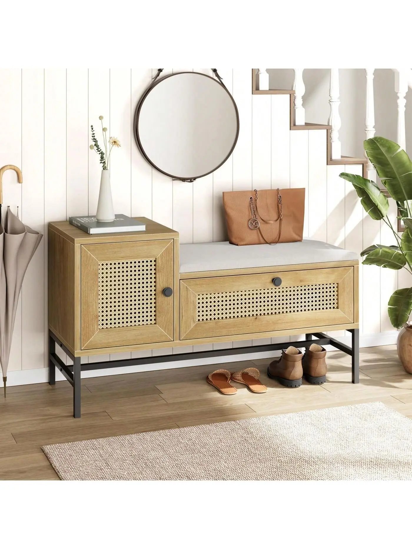 WhizMax Rattan Shoe Bench - Linen Seat Cushion, Entryway Storage Cabinet Bench, Wooden Footrest Stool for Hallway, Bedroom, Foot Rest Stool, Storage Cabinets
