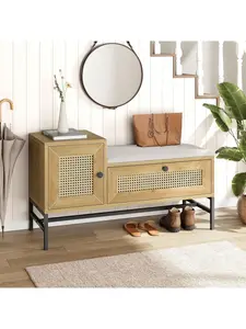Rattan Shoe Bench With Linen Seat Cushion, Entryway Bench With Storage Cabinet, Wooden Storage Bench For Hallway And Bedroom, Natural Oak Foot Rest Stool