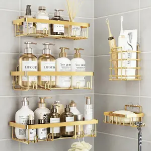 2026 Petit Bits Gold 5-Pack Bathroom Accessories Set Rust-Proof Waterproof No Drilling Shower caddy Storage Rack with Toothbrush Soap Holder Large Capacity Minimalist Design Holiday Haul Deal Christmas Gift kitchen  shelving