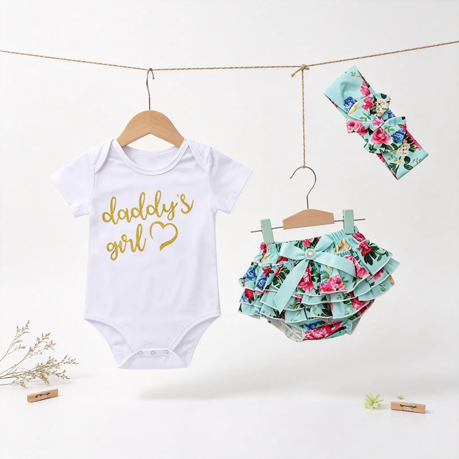 Baby Girl’s 3Pcs Romper Suit, Short Sleeve Triangle Snap Button Crotch Top with Ruffled Printed Short Pants and Hairband