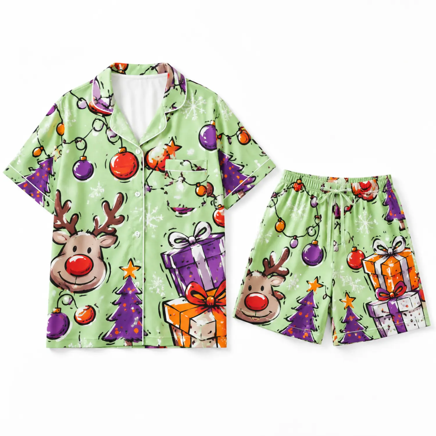 Christmas Reindeer Print Short Sleeve Button Pajama Set with Matching Shorts, Lightweight Holiday Sleepwear for Women and Teens