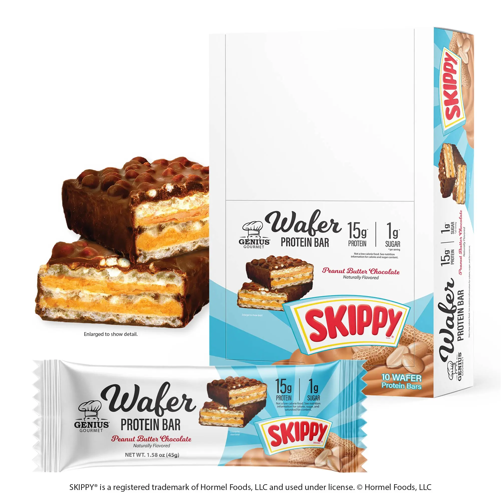 Genius Gourmet SKIPPY Peanut Butter Chocolate Flavored Wafer - 10ct Protein Bars,15g Protein per serving (30% DV), 1g Sugar, Chocolatey Snack Bar