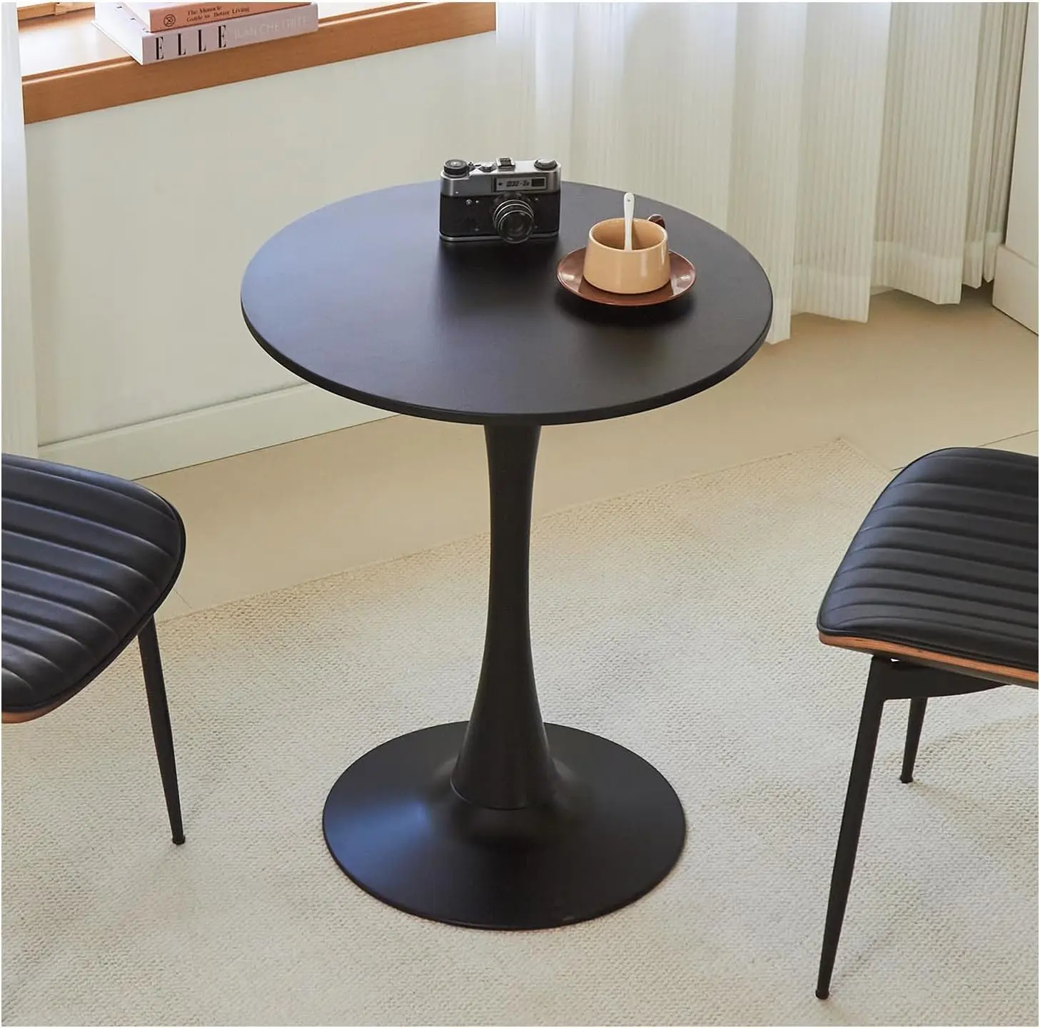Round Dining Table, 24" Circle Tulip Table with Thickened Tabletop & Metal Pedestal, Mid Century Modern Bistro Table for Kitchen, Small Places, Living Room, Cafe (Black)