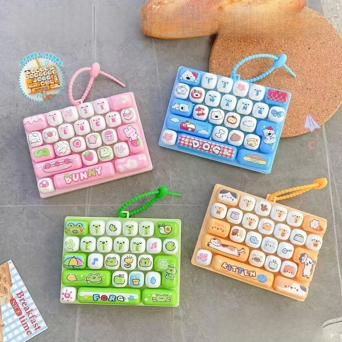 Animal-Design Cute Keyboard Keycaps with Pink, Blue, Green, Orange Colors, Including Small Pendant Keypad for Party Gifts & Creative Use
