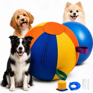 Inflatable dog herding ball with handles—ideal for energetic, destructive dogs. Outdoor inflatable exercise toy suitable for push-and-chase games and backyard training. Interactive toy for small, medium, and large dogs.