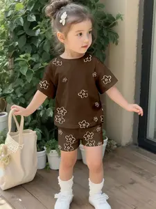 Vintage floral set with digital printing, 100% polyester short-sleeve set for infants and toddlers, cute casual wear for baby girls, suitable for daily and outdoor sports T-shirts, perfect gift for infants and toddlers, Vintage Girly Clothes