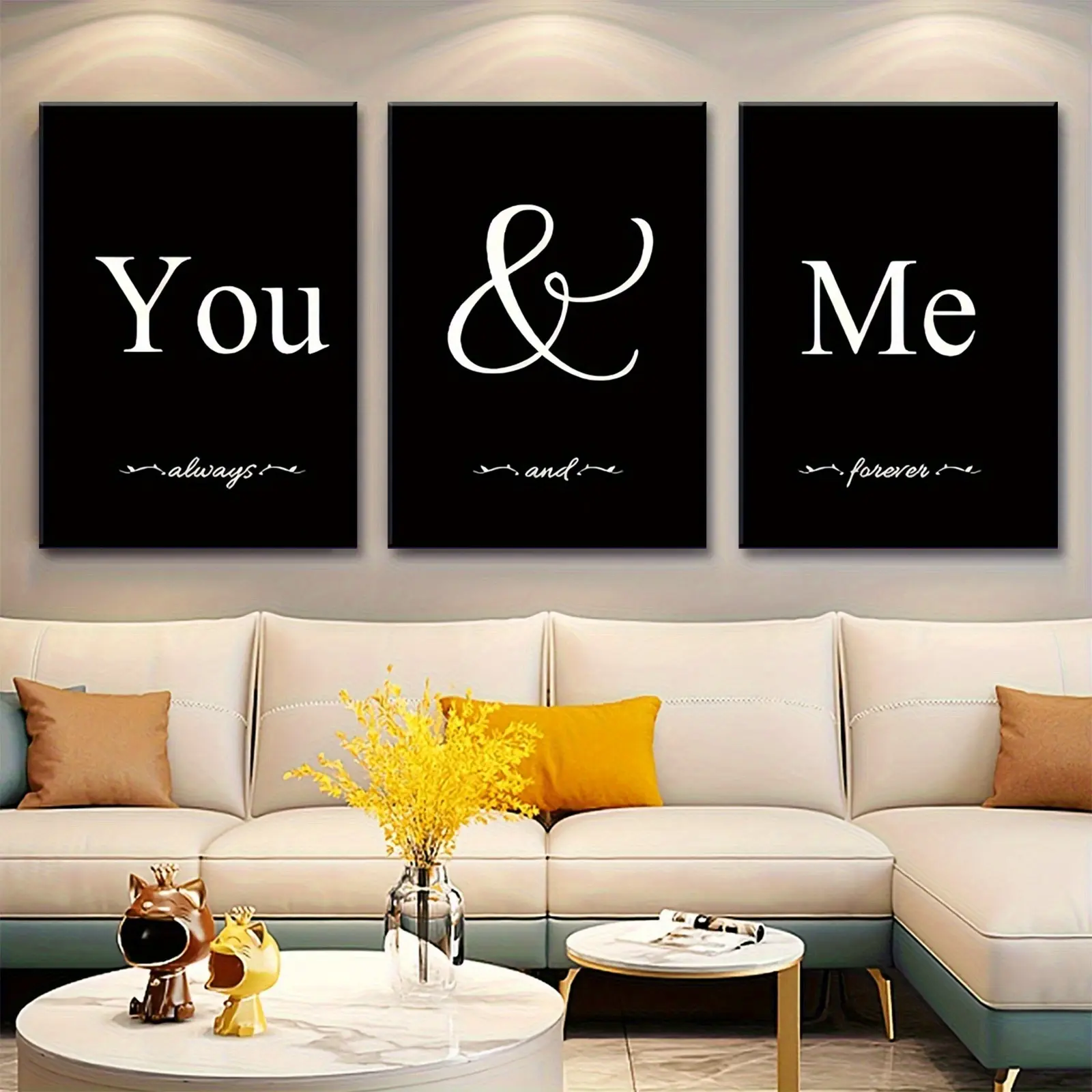 Personalized Wall Art 3-Piece 'You & I' Black White Canvas Prints Hanging Kit - Eco-Friendly Modern Wood Framed, 8"x12" & 12"x16" UV Resistant, Home Decor Gift for Bedroom, Living Room