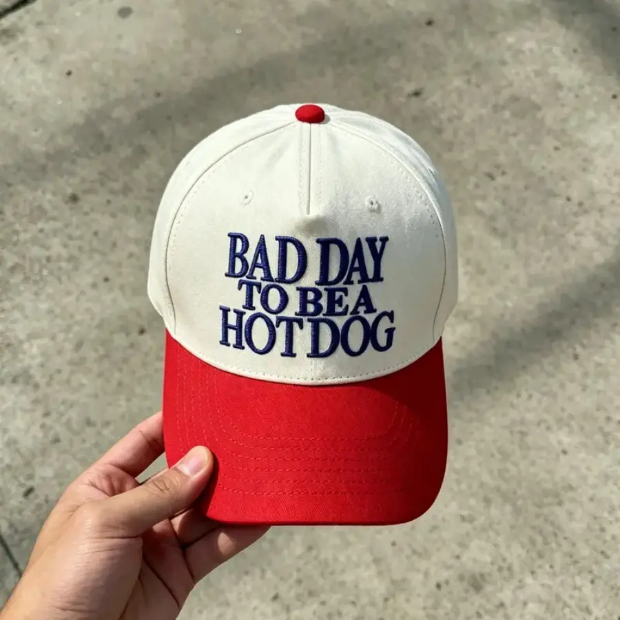 "Bad Day to Be a Hot Dog" Embroidered Polyester Trucker Baseball Cap, Retro Vibe Universal Adjustable Snapback, Patriotic 4th of July Funny Hat for Men, One Size for Outdoor Activities