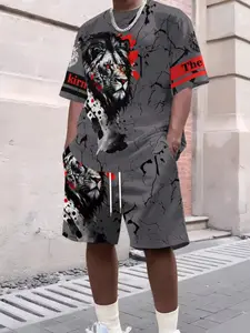 Men's Summer Trendy Lion Head Letter Print Short Sleeve Shorts Set, Casual Fitted All over Print, Fashionable Streetwear