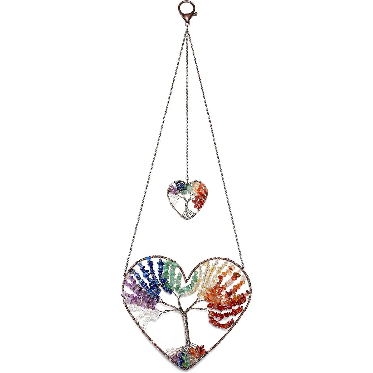 Double Heart Tree of Life Hanging Ornament 7 Chakra Reiki   Stones  Meditation Window Wall Hanger for Feng Shui Yoga Home Indoor Decor