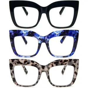 3 Pack Oversized Reading Glasses for Women Thick Large Frame Blue Light Blocking Stylish Computer Readers Spring Hinge Black Pink Red Leopard Print