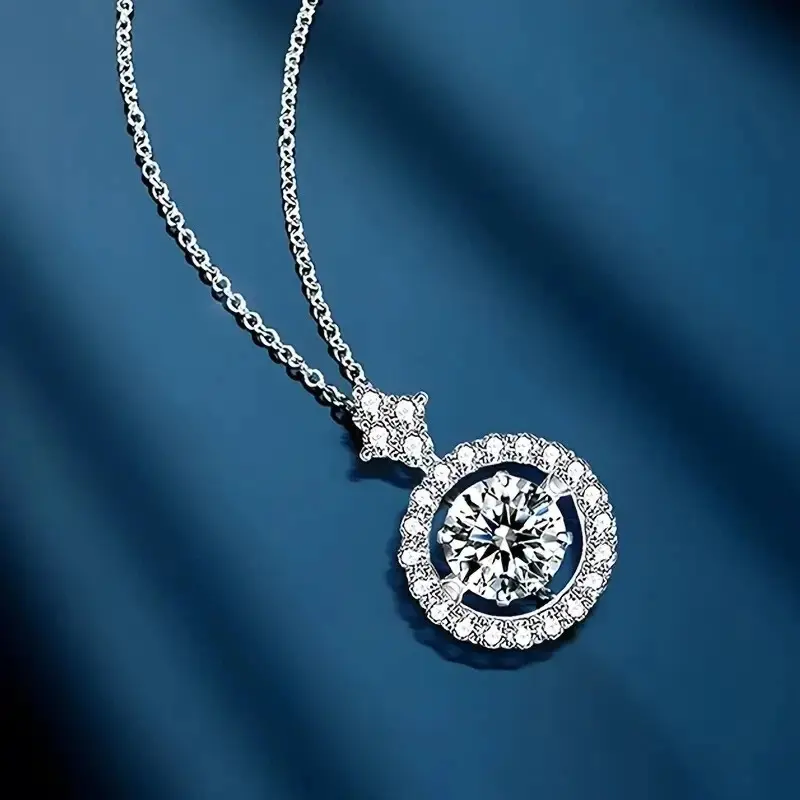 1 Set Moissanite Halo Dancing Stone Necklace for Women, Premium White Gold Plated Silver Pendant Necklace, Moissanite Jewelry Gift for Wedding Anniversary Birthday Christmas