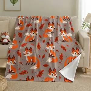 Autumn Fox Theme Flannel Blanket, Cute Fox & Leaf Print, Perfect for Sofa, Bedroom, Halloween, Camping, Gift Idea, Cozy Fall Atmosphere