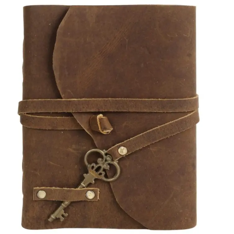 Vintage Leather Journal With Key, 240 Pages, 7x5 Brown Handmade Paper Notebook for Writing, Sketching & Travel