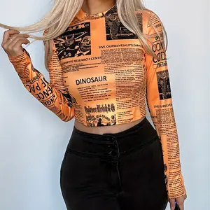 Newspaper Print Mock Neck T-Shirt, Vintage Long Sleeve T-Shirt For Spring & Fall, Women's Clothing-XSY724 top womenswear comfort