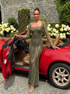 Square Neck Long Sleeve Evening Dress, Evening Glam Gown, Belted Waist Sequin Party Gown, Random Cut Design, Chic Elegant Formal Wear for Women